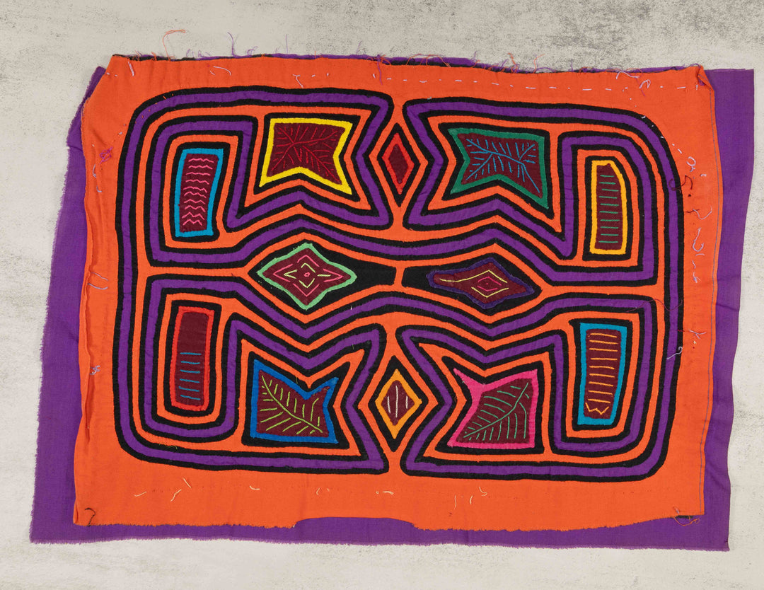 Orange And Purple Squint-Eye Aztec Warrior Mola