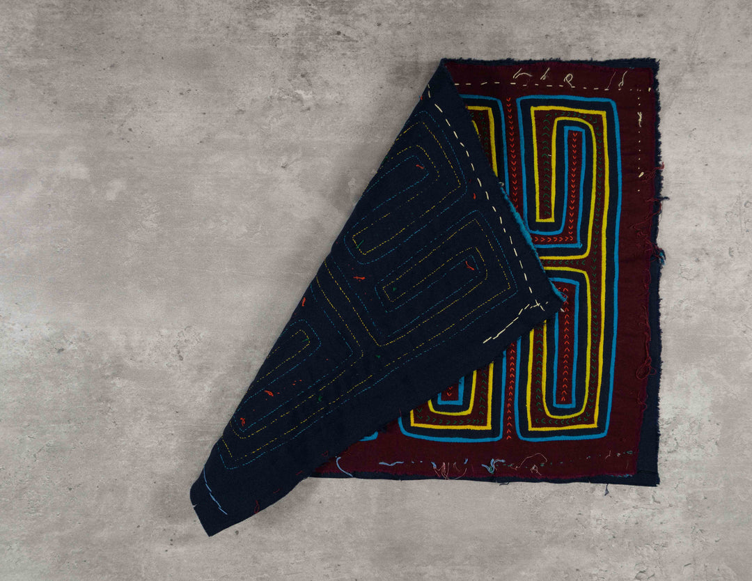 Burgundy Blue And Yellow Classic Kuna Design Mola