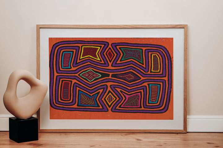 Orange And Purple Squint-Eye Aztec Warrior Mola