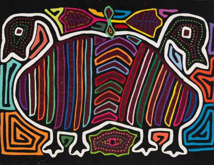 Black And Rainbow Colors Siamese Twin Geese Mola