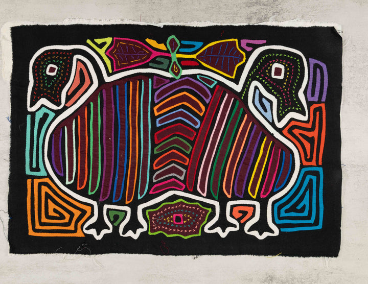 Black And Rainbow Colors Siamese Twin Geese Mola