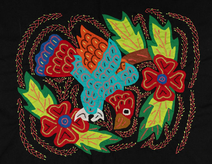 Red Blue And Orange Parrot With Flower Mola