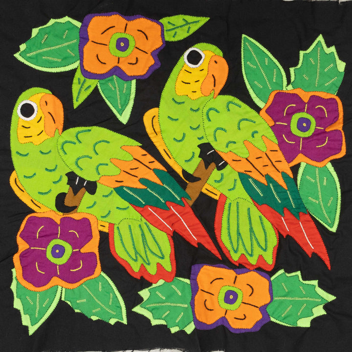 Green Parrot Bird With Flowers Mola