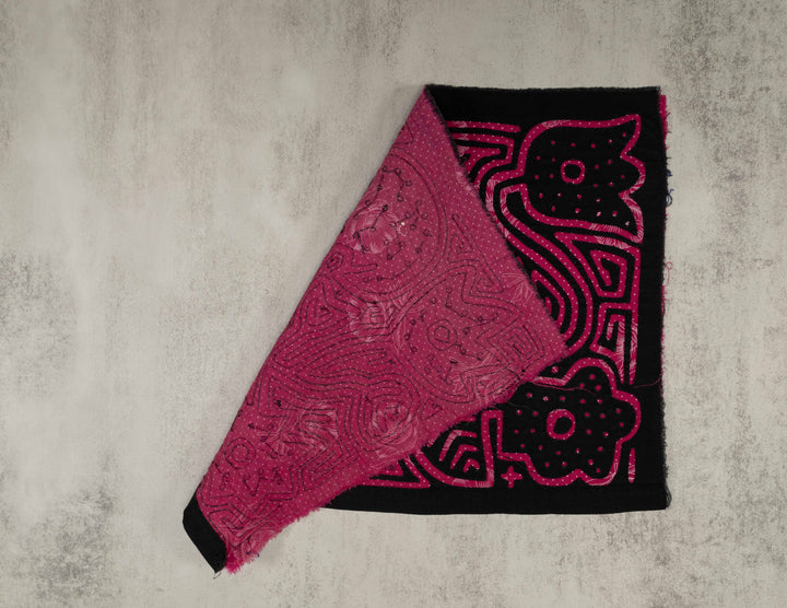 Vintage Pink And Black Parrot Mola