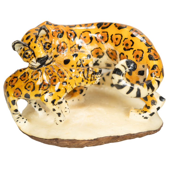Jaguar Cat With Cub Tagua Nut Carving