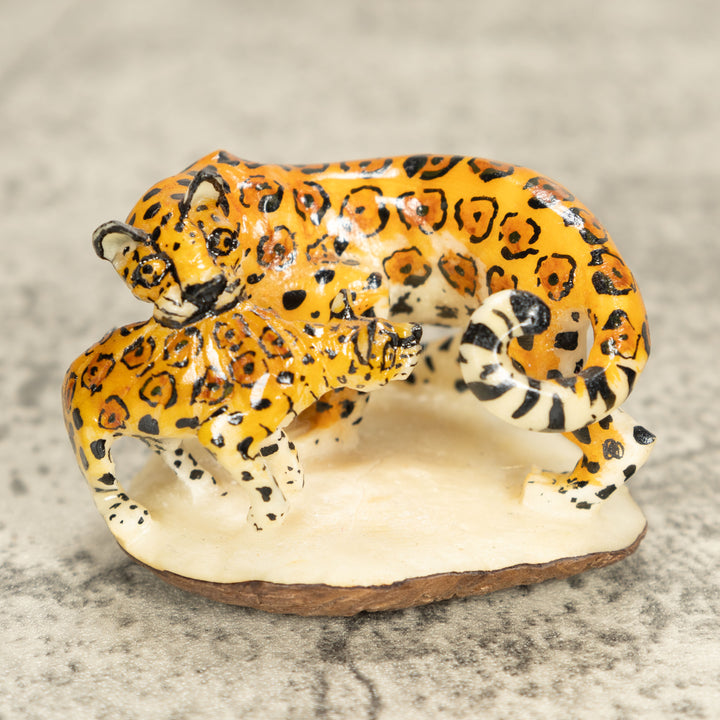Jaguar Cat With Cub Tagua Nut Carving