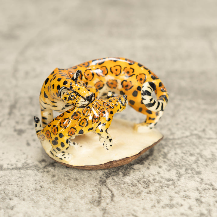 Jaguar Cat With Cub Tagua Nut Carving