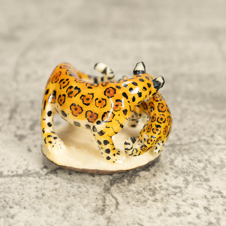 Jaguar Cat With Cub Tagua Nut Carving