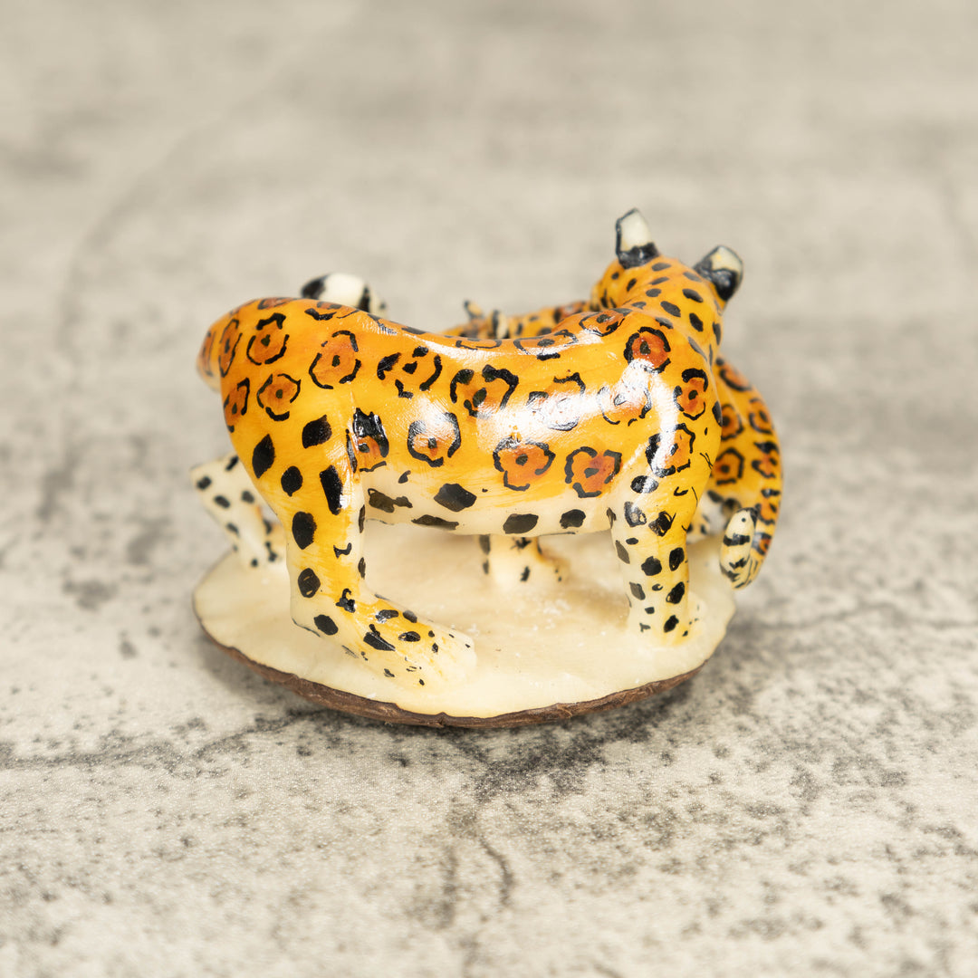Jaguar Cat With Cub Tagua Nut Carving