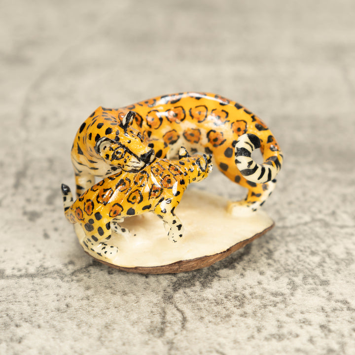 Jaguar Cat With Cub Tagua Nut Carving