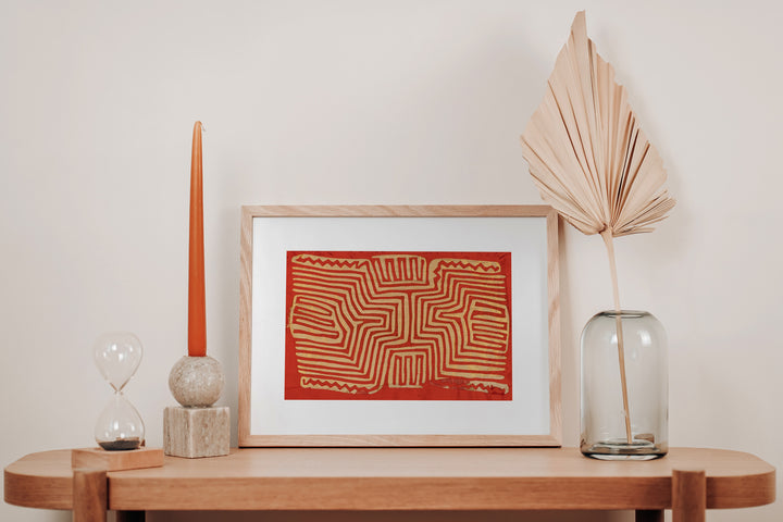 Vintage Red And Gold Peru Nazca Lines Mola