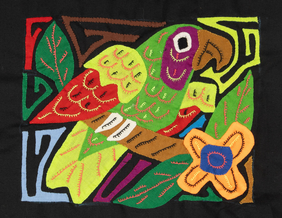 White Crowned Parrot molita, small hand stitched Guna mola from Panama, 9.5 by 7.5 inches