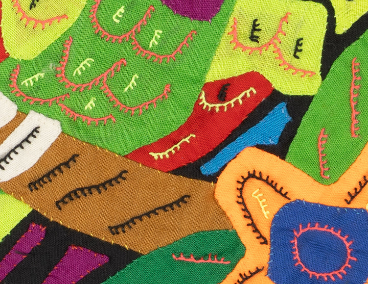 White Crowned Parrot molita, small hand stitched Guna mola from Panama, 9.5 by 7.5 inches