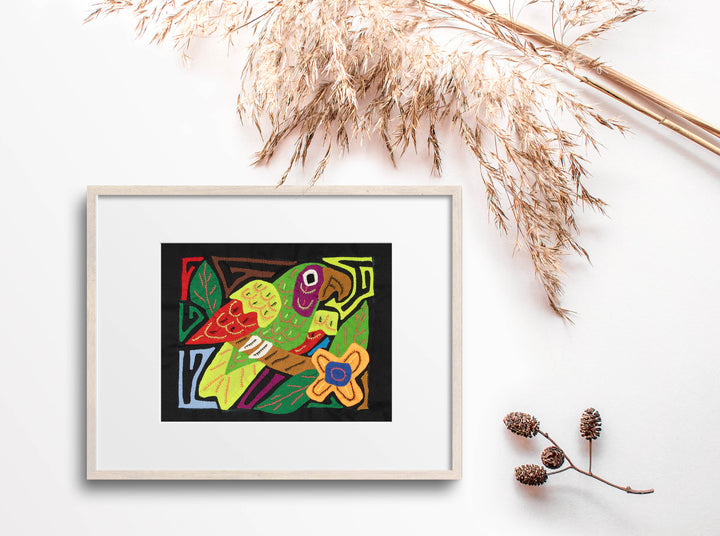 White Crowned Parrot molita, small hand stitched Guna mola from Panama, 9.5 by 7.5 inches