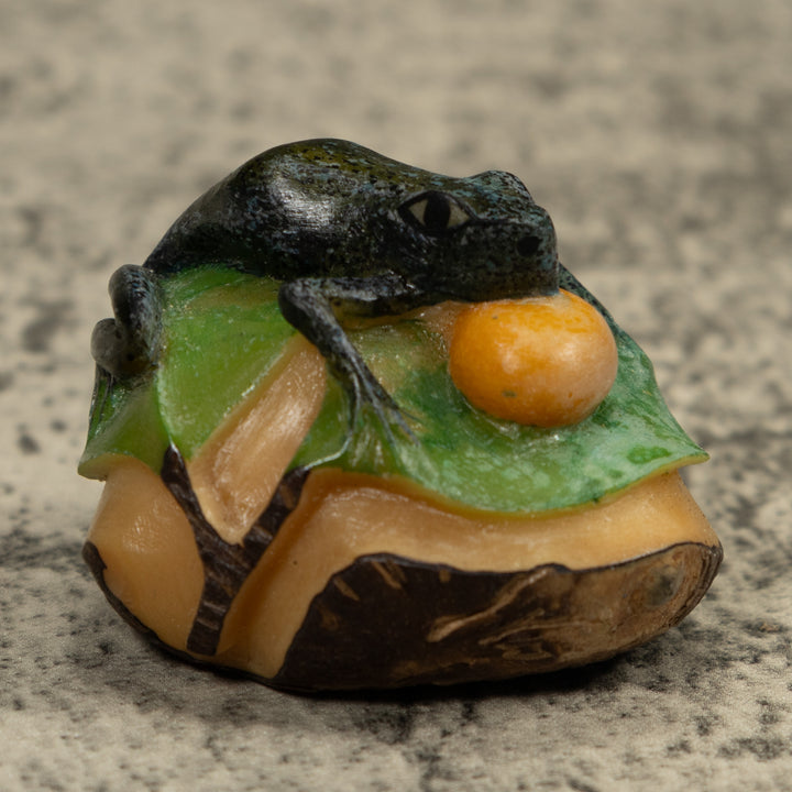 Blue Black And Gold Blow Throat Frog Tagua Carving