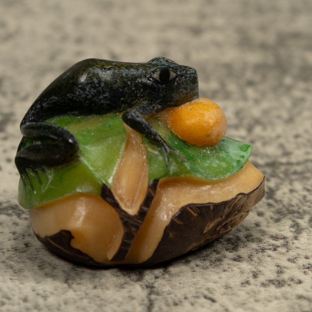 Blue Black And Gold Blow Throat Frog Tagua Carving