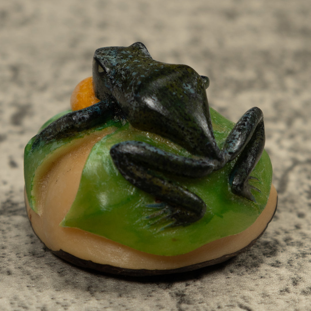 Blue Black And Gold Blow Throat Frog Tagua Carving