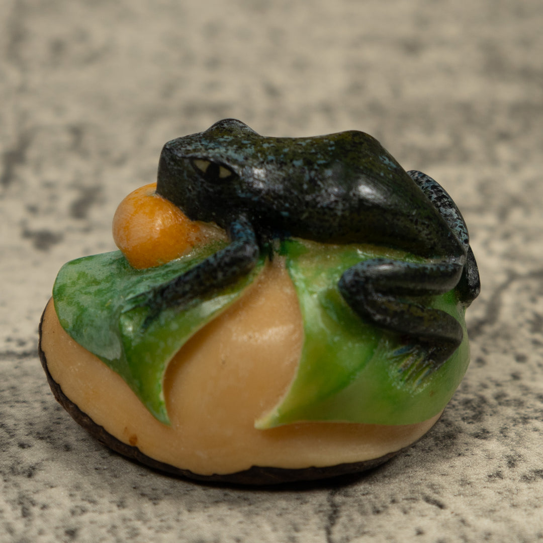 Blue Black And Gold Blow Throat Frog Tagua Carving