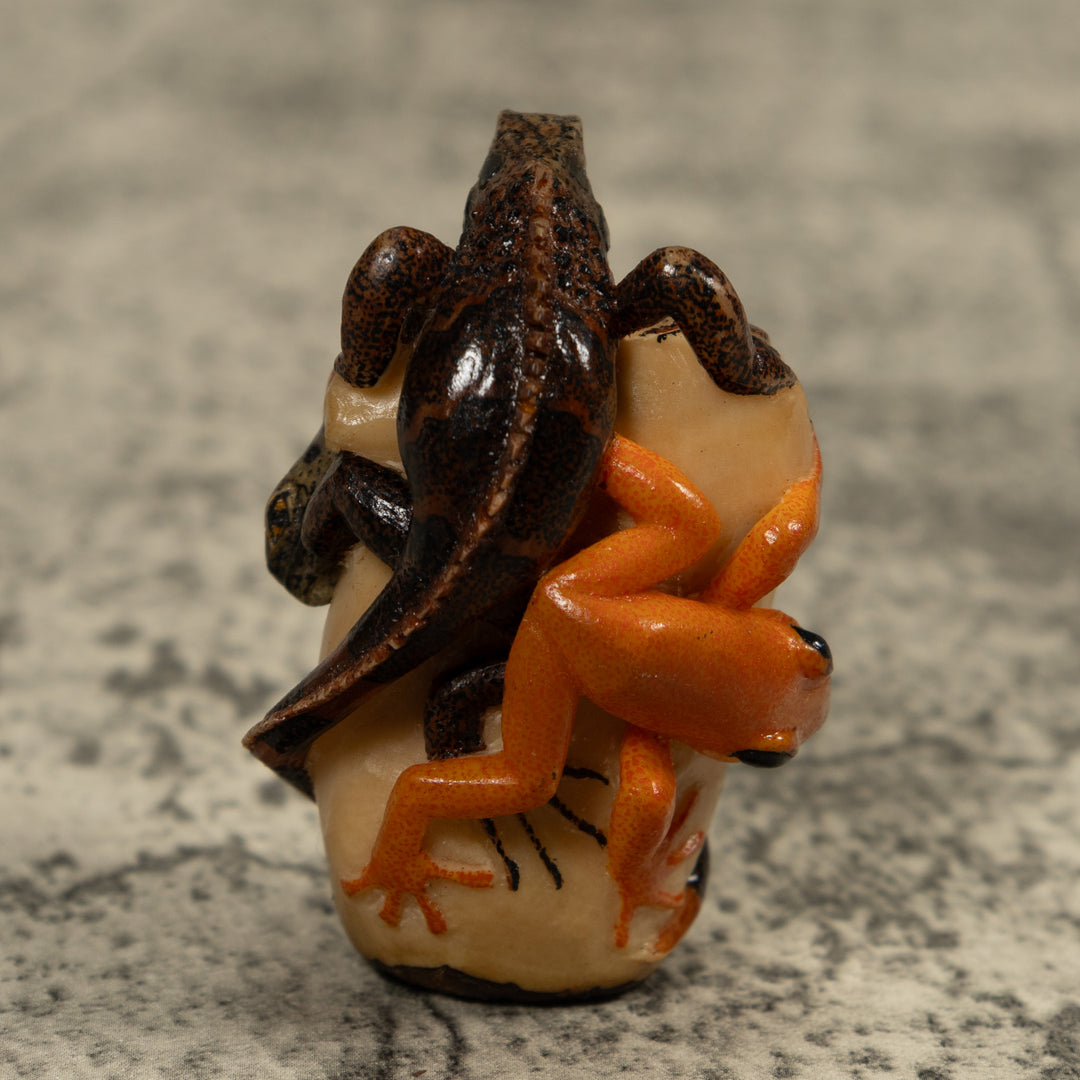 Gold And Brown Iguana And Frog Tagua Carving