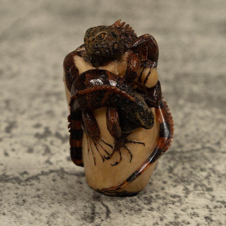 Gold And Brown Iguana And Frog Tagua Carving