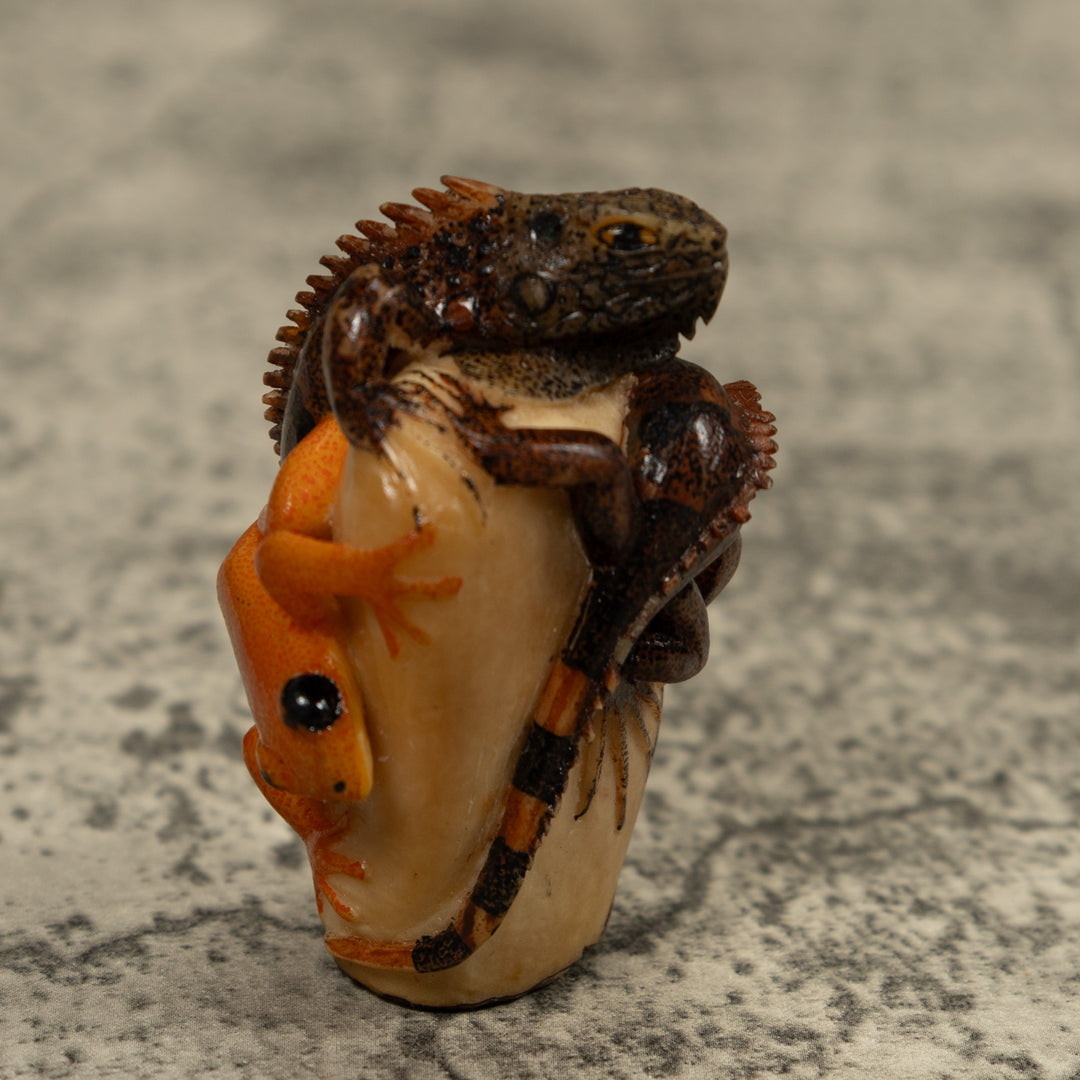 Gold And Brown Iguana And Frog Tagua Carving