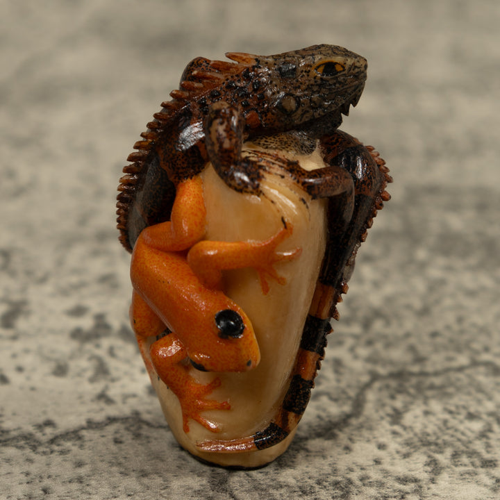 Gold And Brown Iguana And Frog Tagua Carving