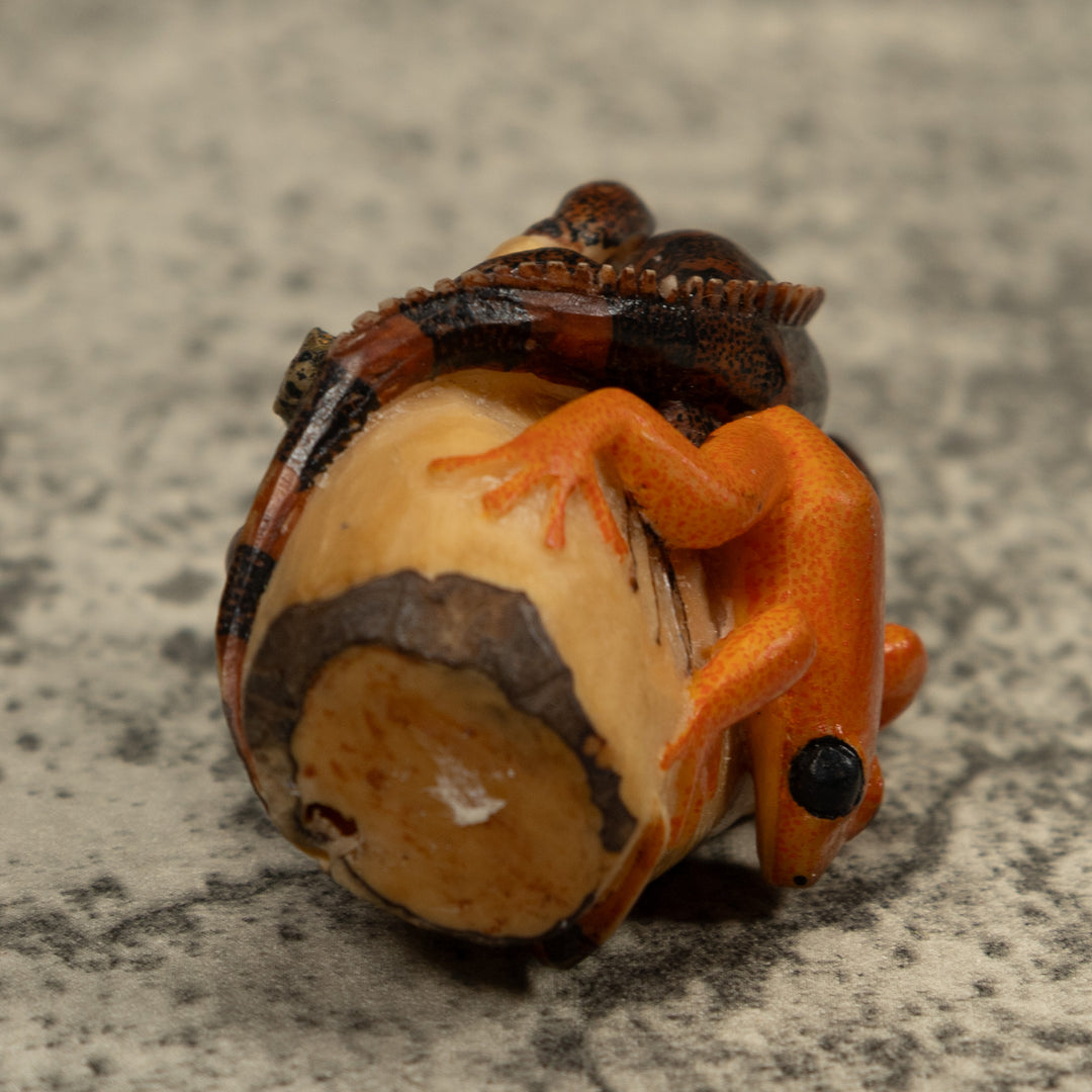 Gold And Brown Iguana And Frog Tagua Carving