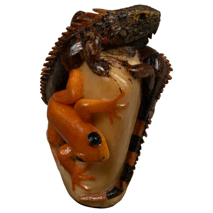 Gold And Brown Iguana And Frog Tagua Carving