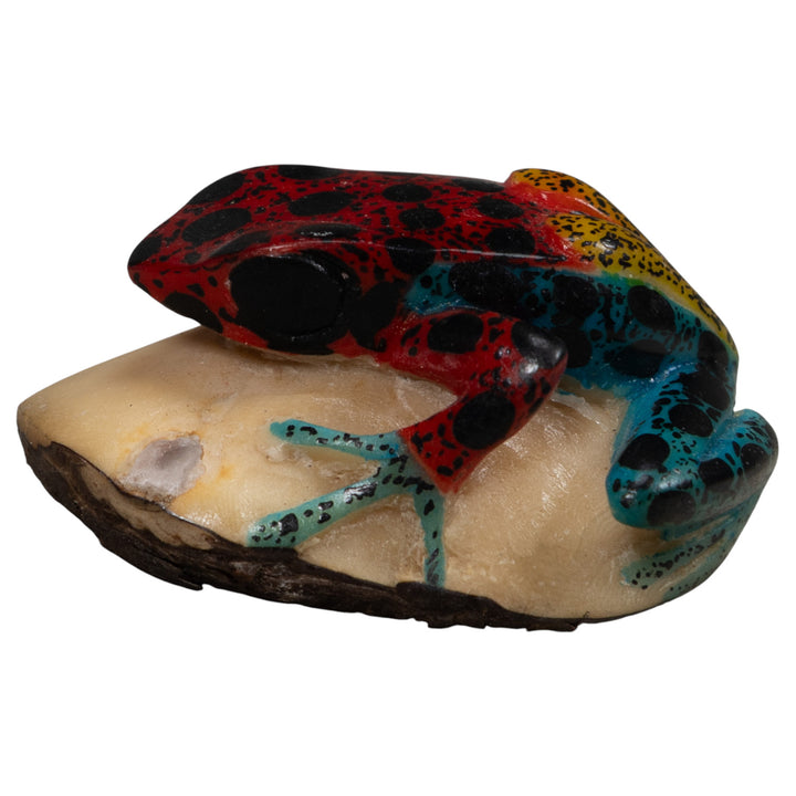 Vintage Red Blue And Yellow Frog Tagua Carving