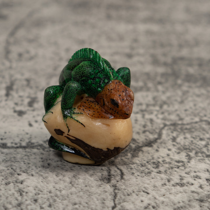 Vintage Green And Brown Iguana Lizard Amphibian Tagua Carving