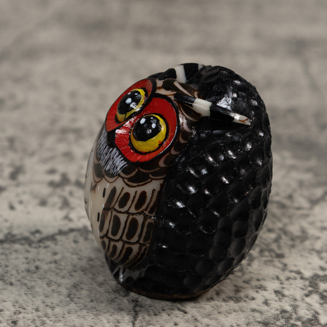 Full Nut Black Orange And White Owl Tagua Carving