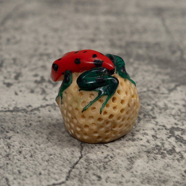 Vintage Blue And Red Frog Tagua Carving