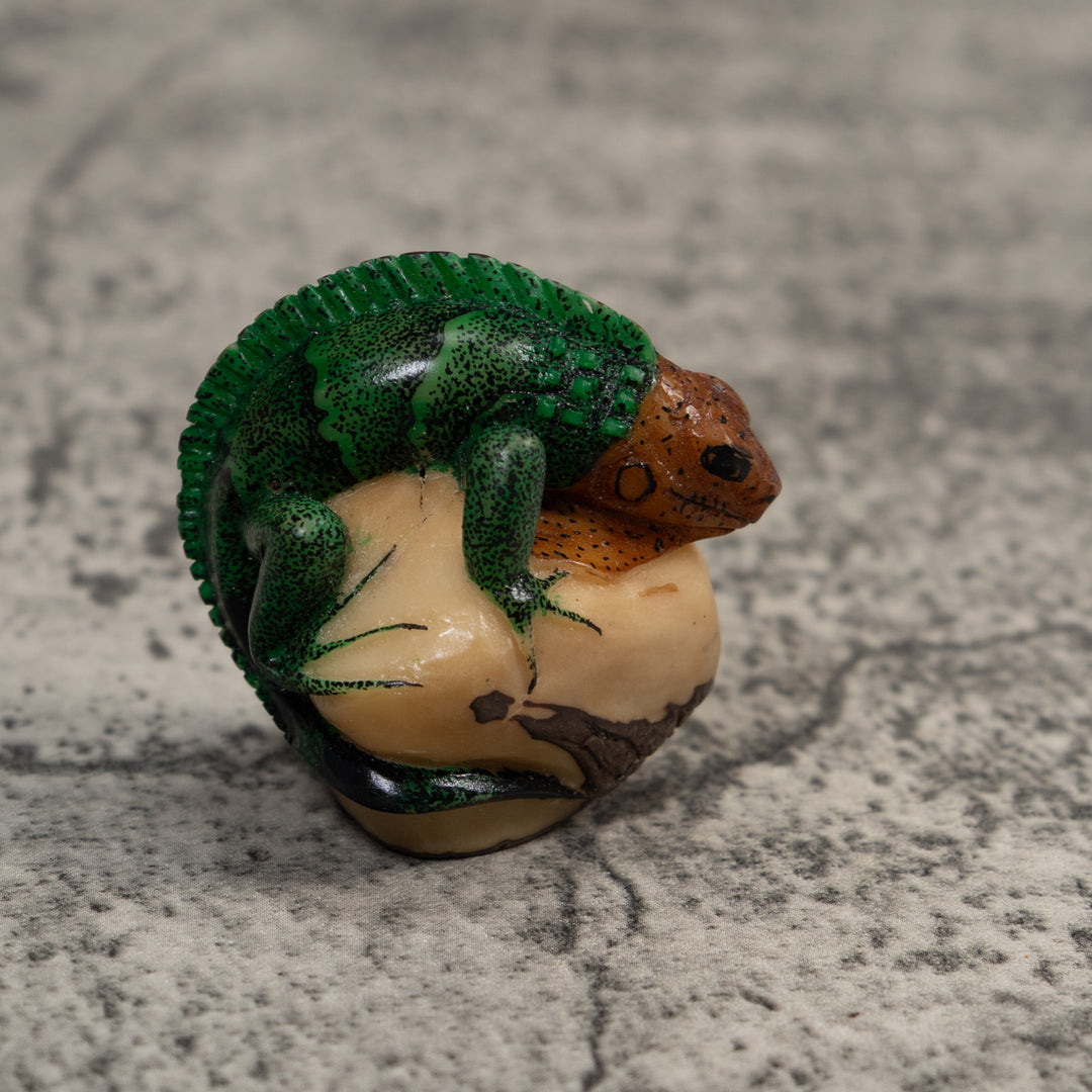 Vintage Green And Brown Iguana Lizard Amphibian Tagua Carving