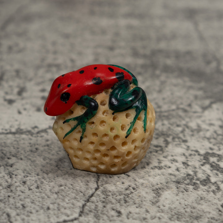 Vintage Blue And Red Frog Tagua Carving