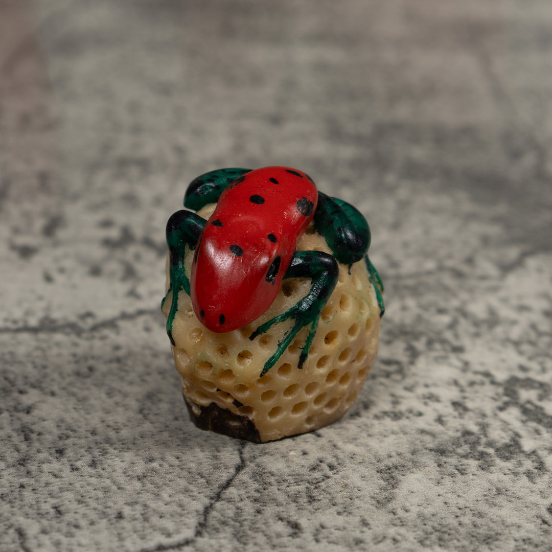 Vintage Blue And Red Frog Tagua Carving
