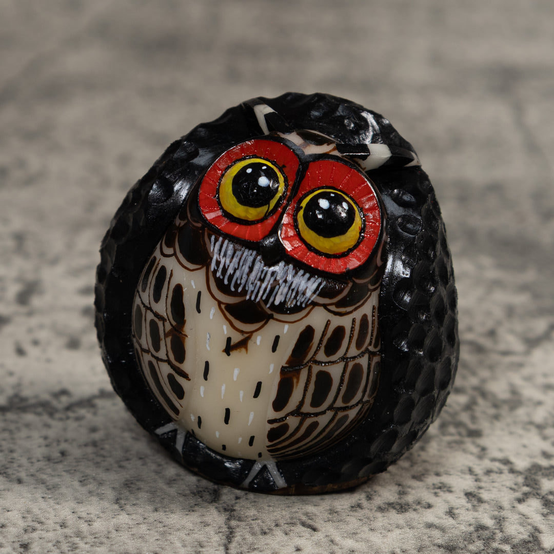 Full Nut Black Orange And White Owl Tagua Carving