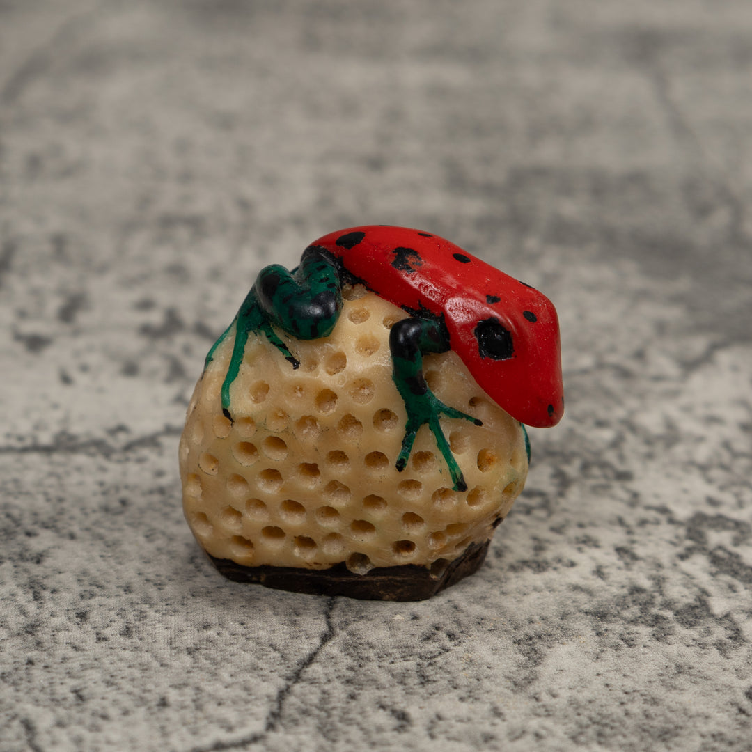 Vintage Blue And Red Frog Tagua Carving