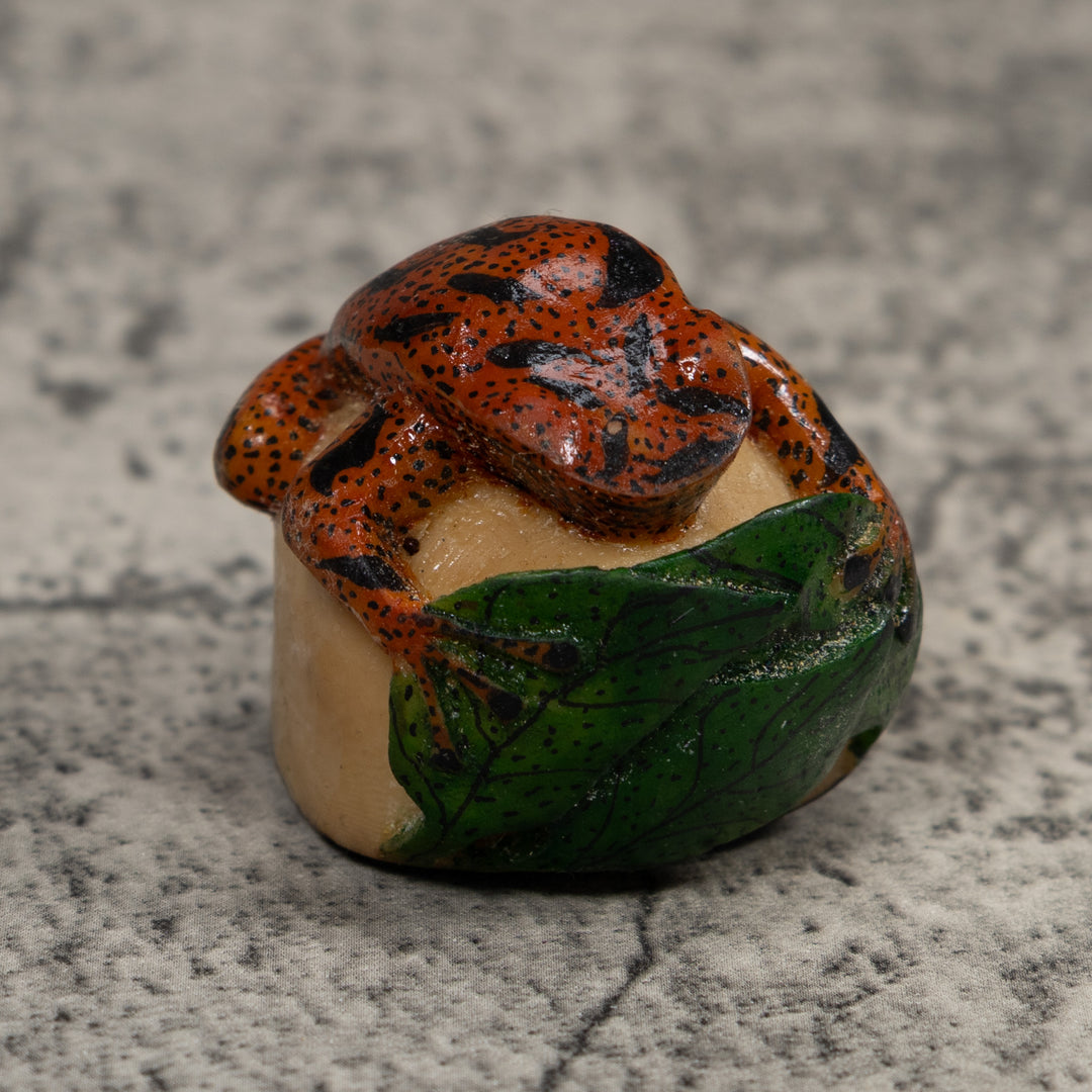 Vintage Red Black And Green Frog Tagua Carving