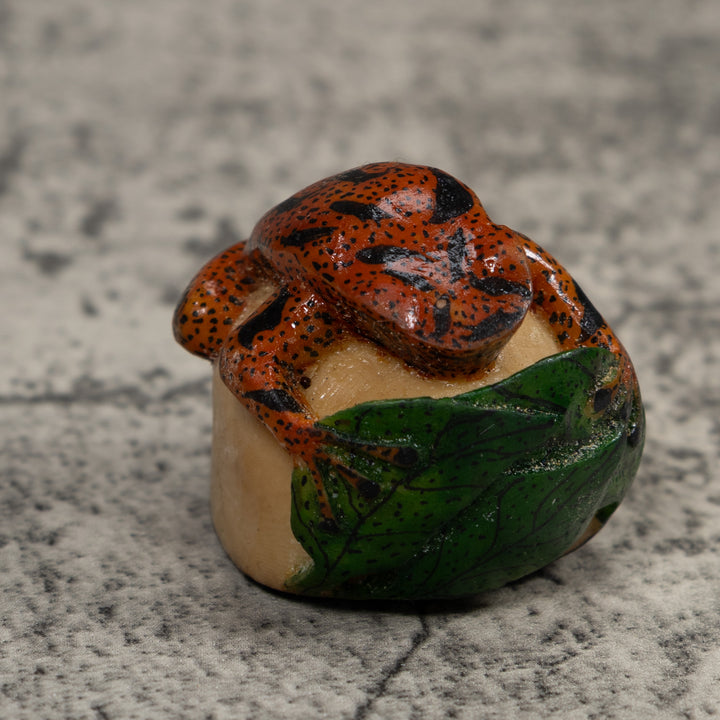 Vintage Red Black And Green Frog Tagua Carving