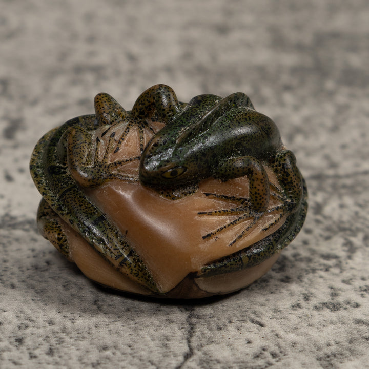 Vintage Green And Black Double Iguana Tagua Carving