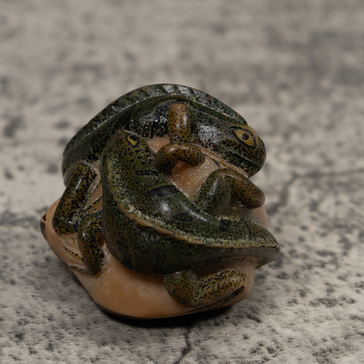 Vintage Green And Black Double Iguana Tagua Carving