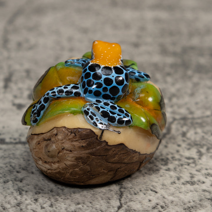 Gold Blue And Black Jungle Frog Tagua Carving