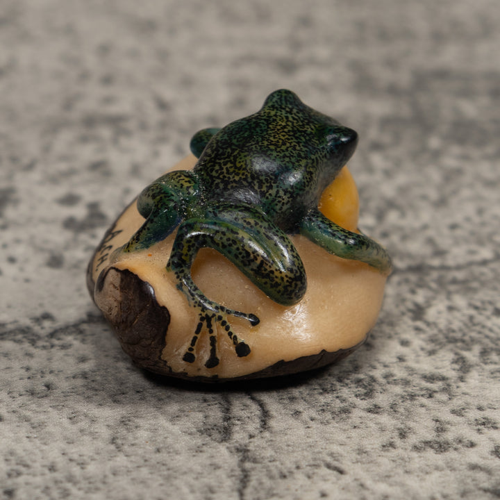 Vintage Green And Yellow Blowthroat Frog Tagua Carving