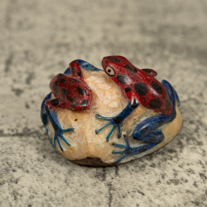 Double Blue Red And Black Frog Tagua Carving
