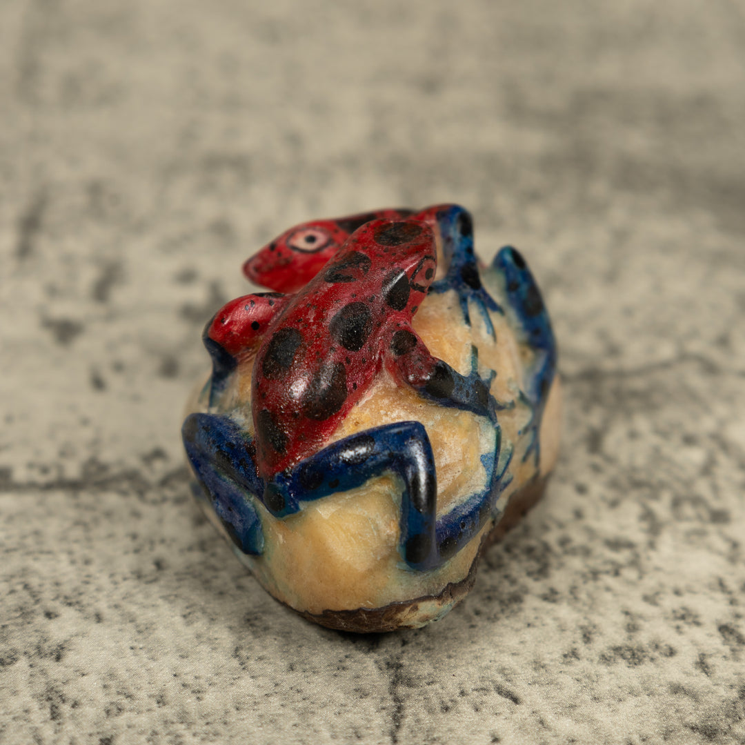Double Blue Red And Black Frog Tagua Carving
