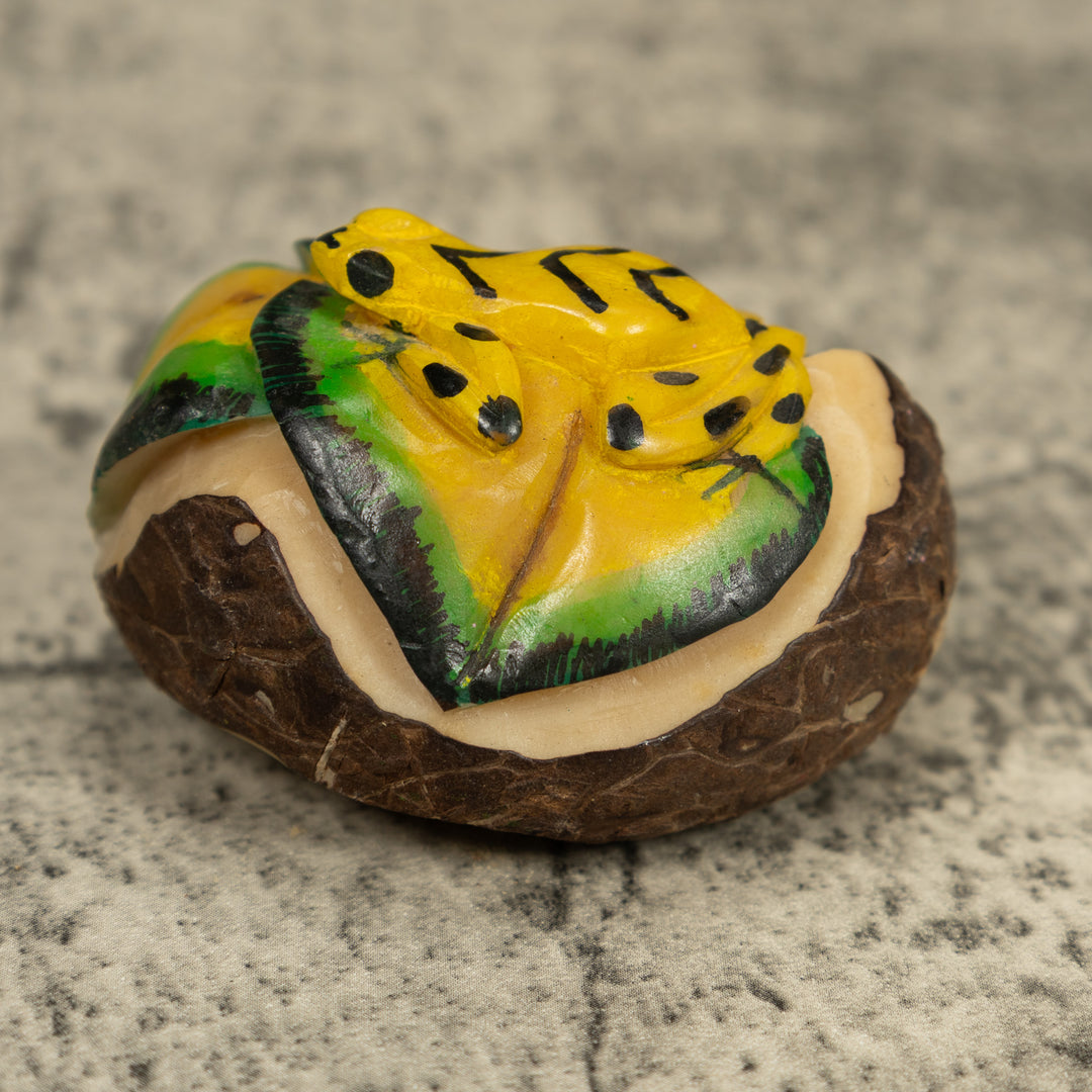 Golden Frog On Leaf Tagua Carving