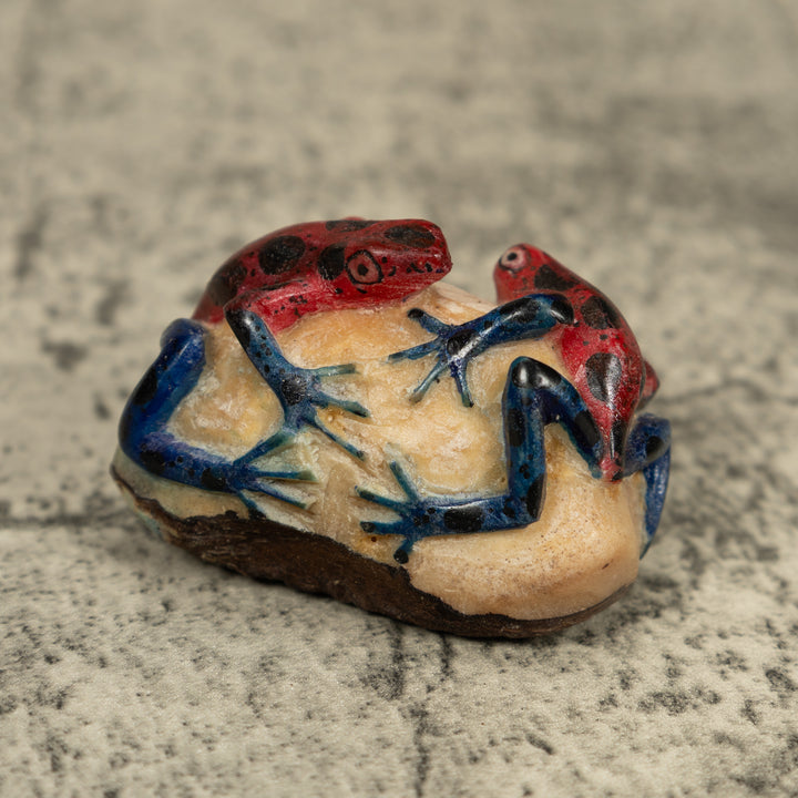 Double Blue Red And Black Frog Tagua Carving