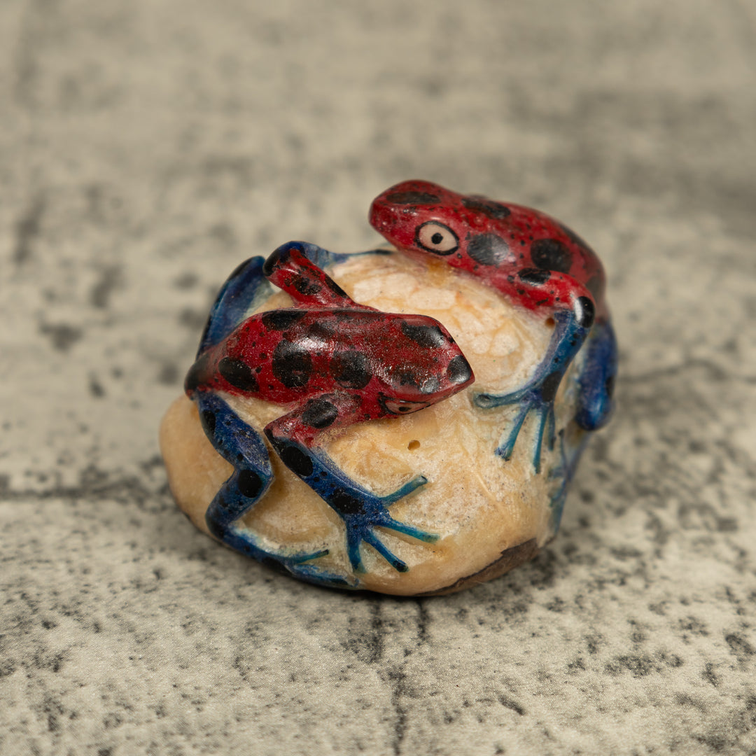 Double Blue Red And Black Frog Tagua Carving