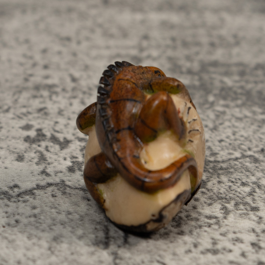 Vintage Brown And Black Iguana Tagua Carving