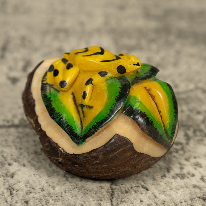 Golden Frog On Leaf Tagua Carving